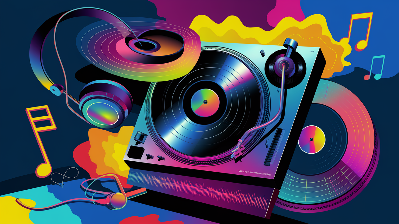 Colorful abstract DJ art featuring turntables and headphones.