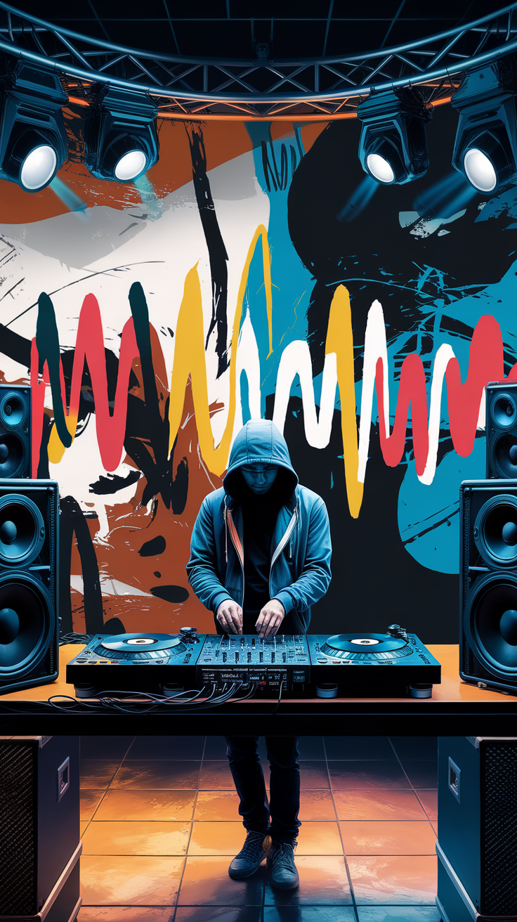 A DJ performing with colorful abstract art in the background.