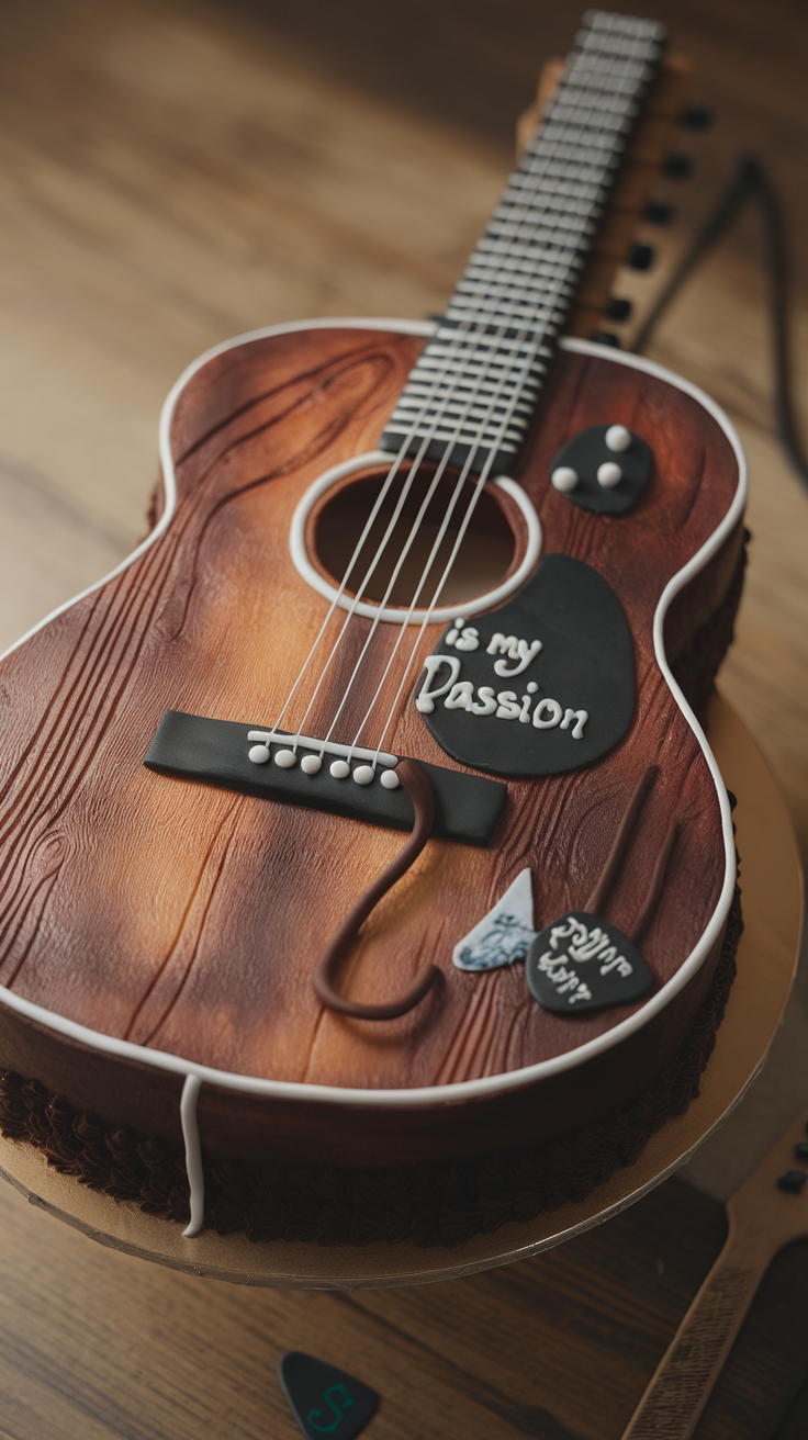 A realistic acoustic guitar cake decorated with wood grain and strings, showcasing the phrase 'is my Passion'.