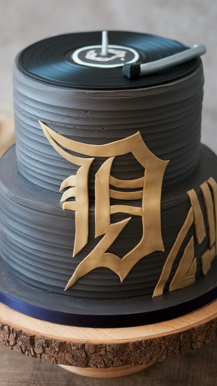 A stylish band logo cake designed to resemble a vinyl record with DJ elements