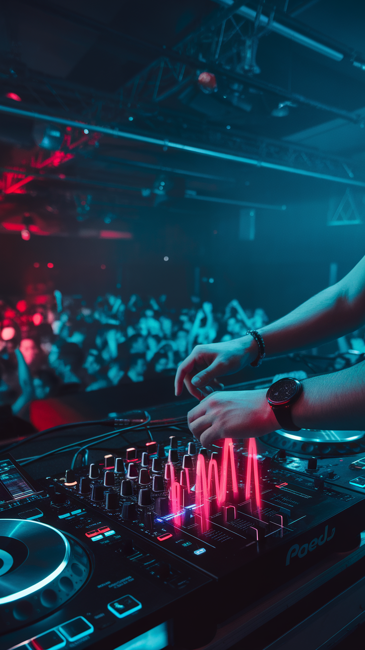 A DJ performing live with vibrant lighting and a focus on the mixing console.