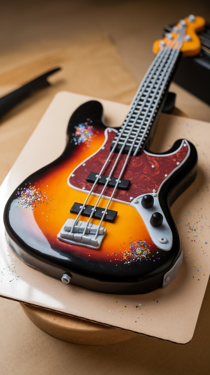 A detailed bass guitar cake with a glossy finish and vibrant colors