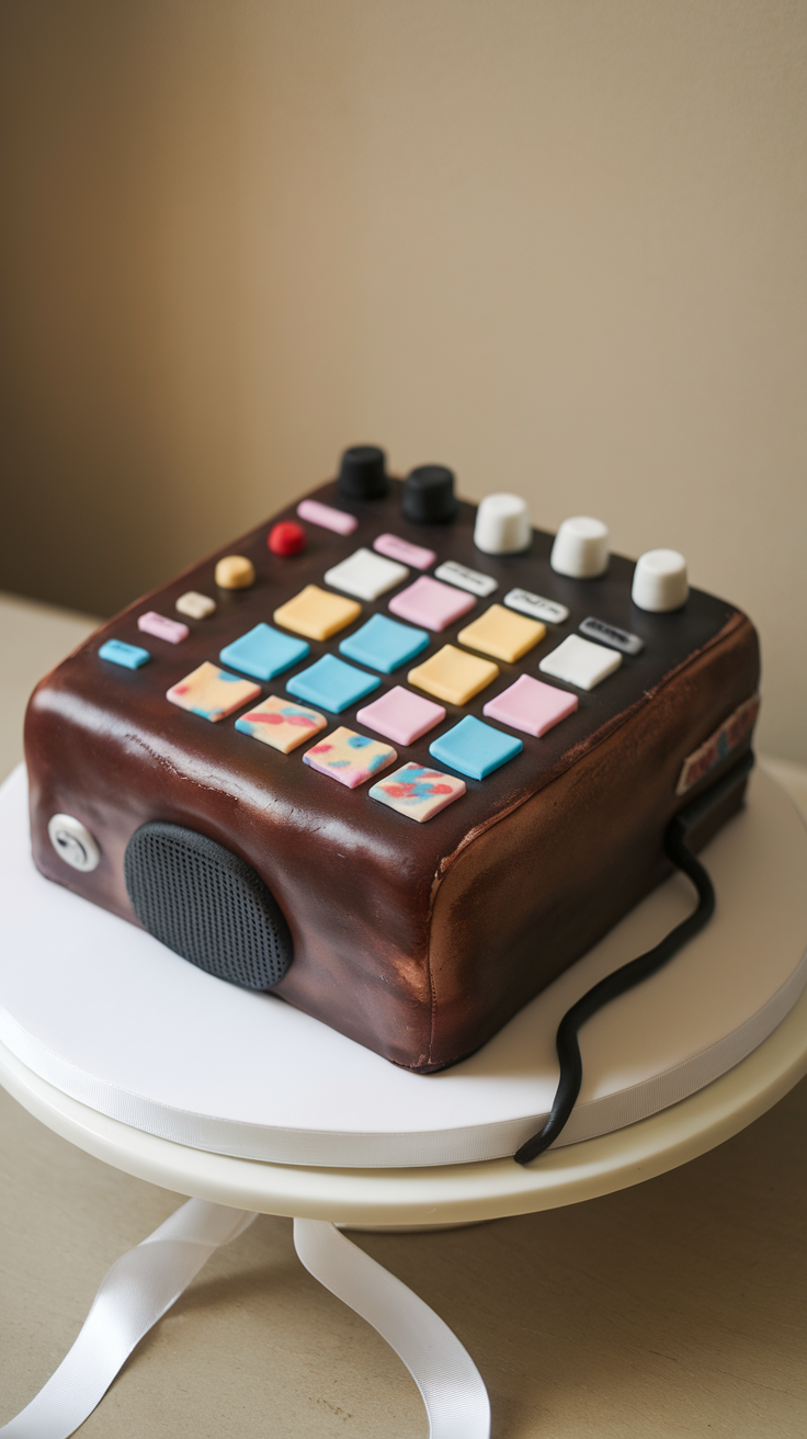 A cake shaped like a DJ beat machine, decorated with colorful buttons and knobs.