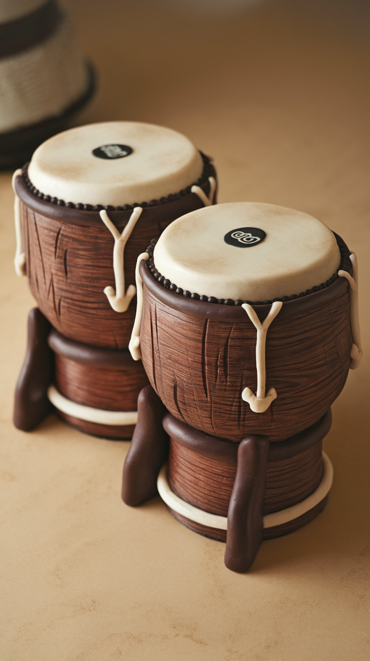 A realistic bongo drums cake with wooden texture and cream-colored drum tops.