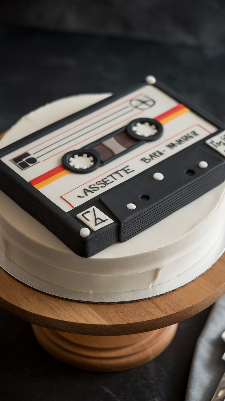 A cake designed to look like a cassette tape on a wooden stand.