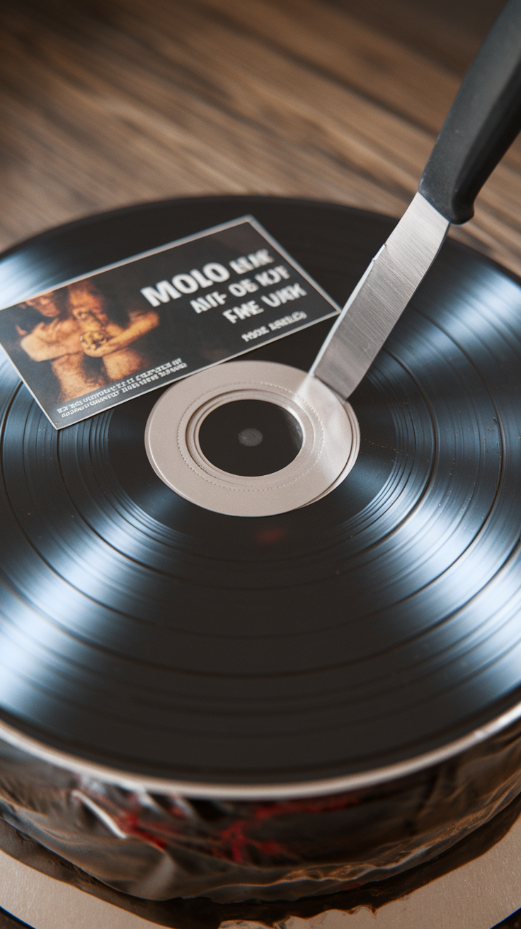 A close-up of a cake designed to look like a CD, with a knife resting on it.