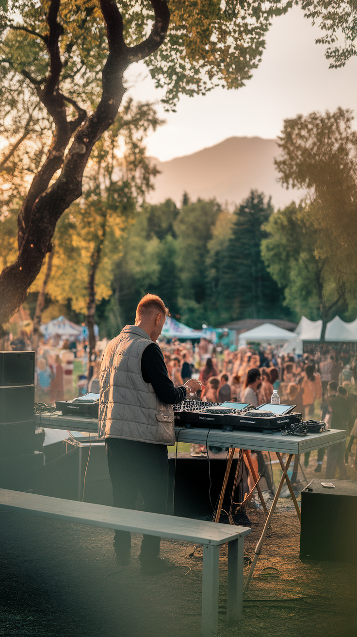 A DJ performing at an outdoor event with a crowd enjoying the music.