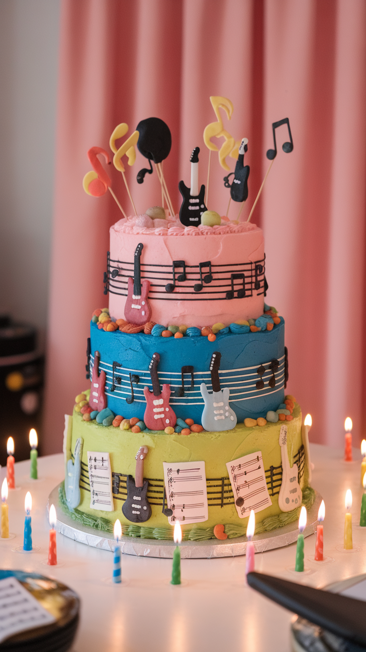 A colorful DJ-themed cake with layers of bright colors and a black DJ booth on top.