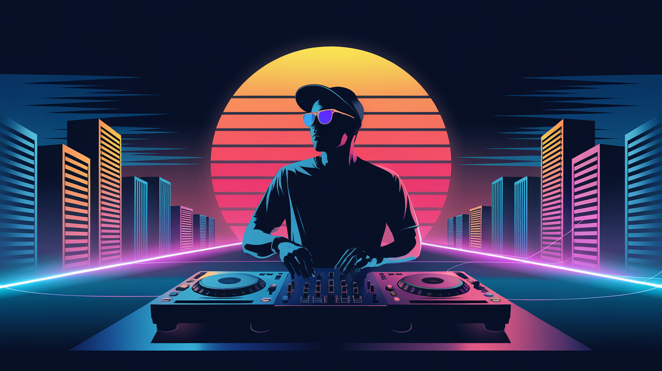 Stylized DJ at sunset with cityscape in the background