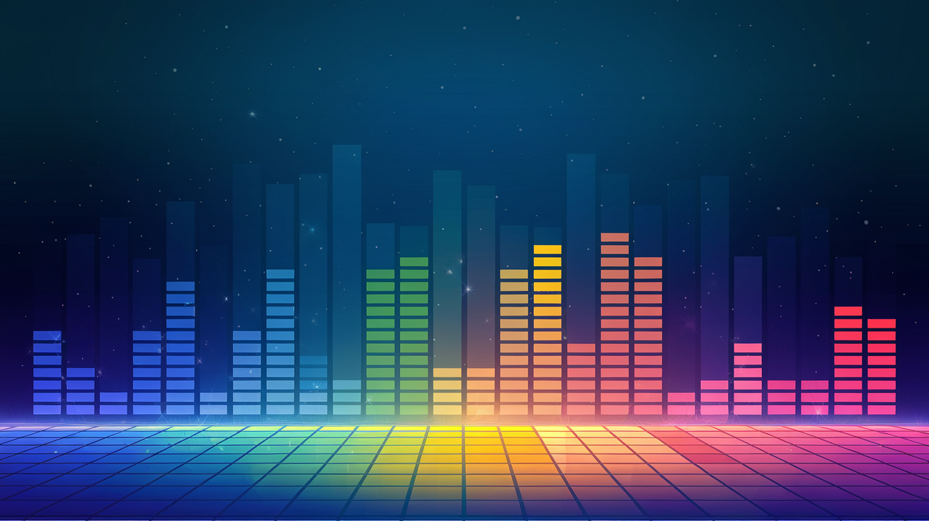 Colorful sound equalizer with bars in various colors on a dark background