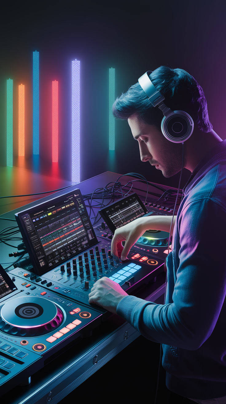 A DJ working on a console with colorful lights in the background.