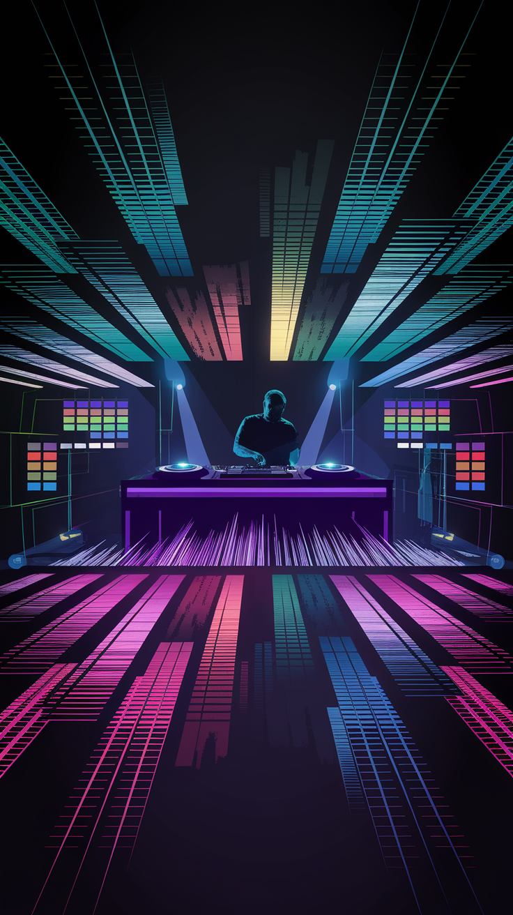 An abstract digital illustration of a DJ performing with colorful soundwaves and lights.