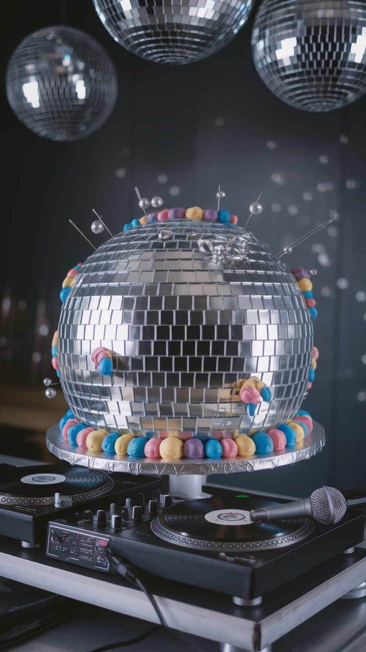 A disco ball cake on a DJ setup, featuring colorful candy decorations and reflective tiles.