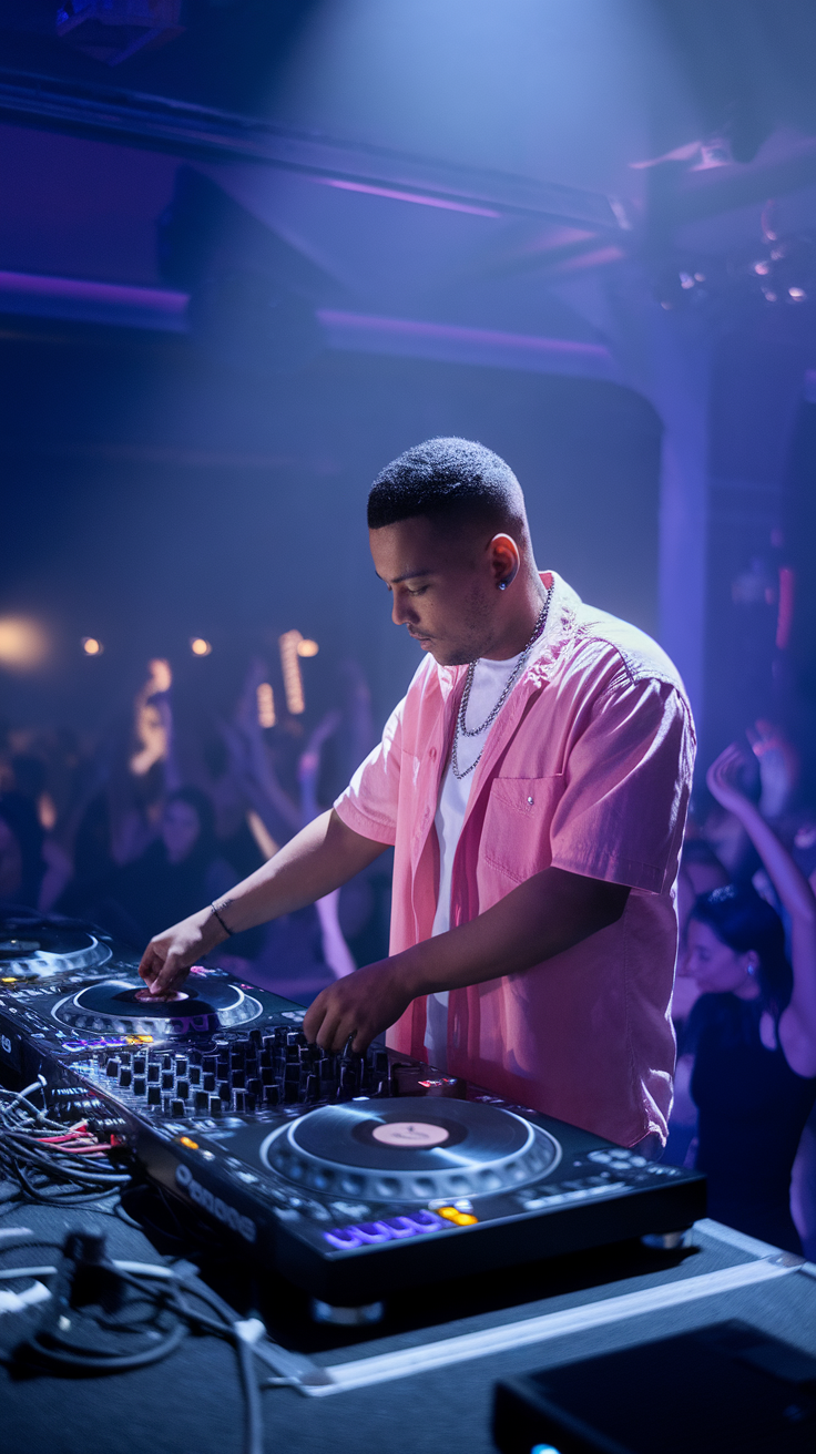 A DJ performing at a lively event with dancers in the background.