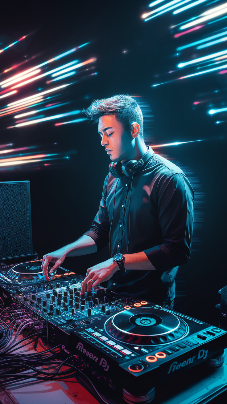 A DJ focused on mixing music with turntables, colorful lights in the background.