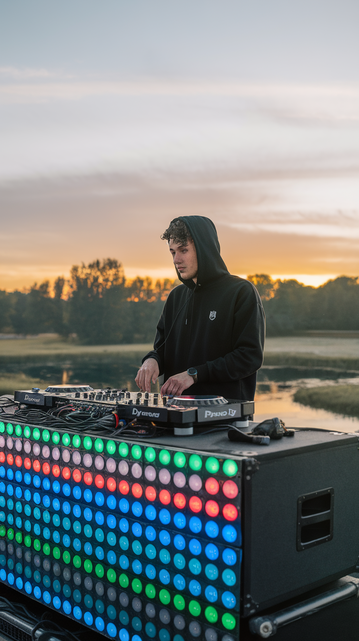 A DJ performing at sunset with colorful lights and a scenic backdrop.