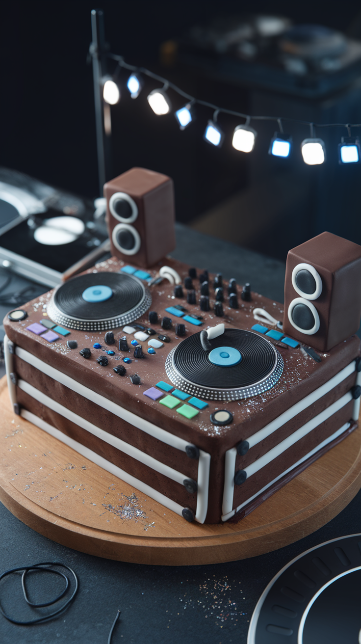 A realistic DJ booth cake with turntables and speakers, decorated with colorful buttons and sparkles.