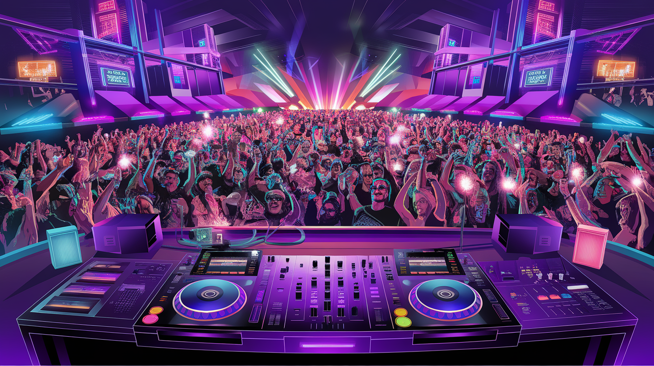 A DJ booth with a colorful festival crowd, illuminated by vibrant lights.