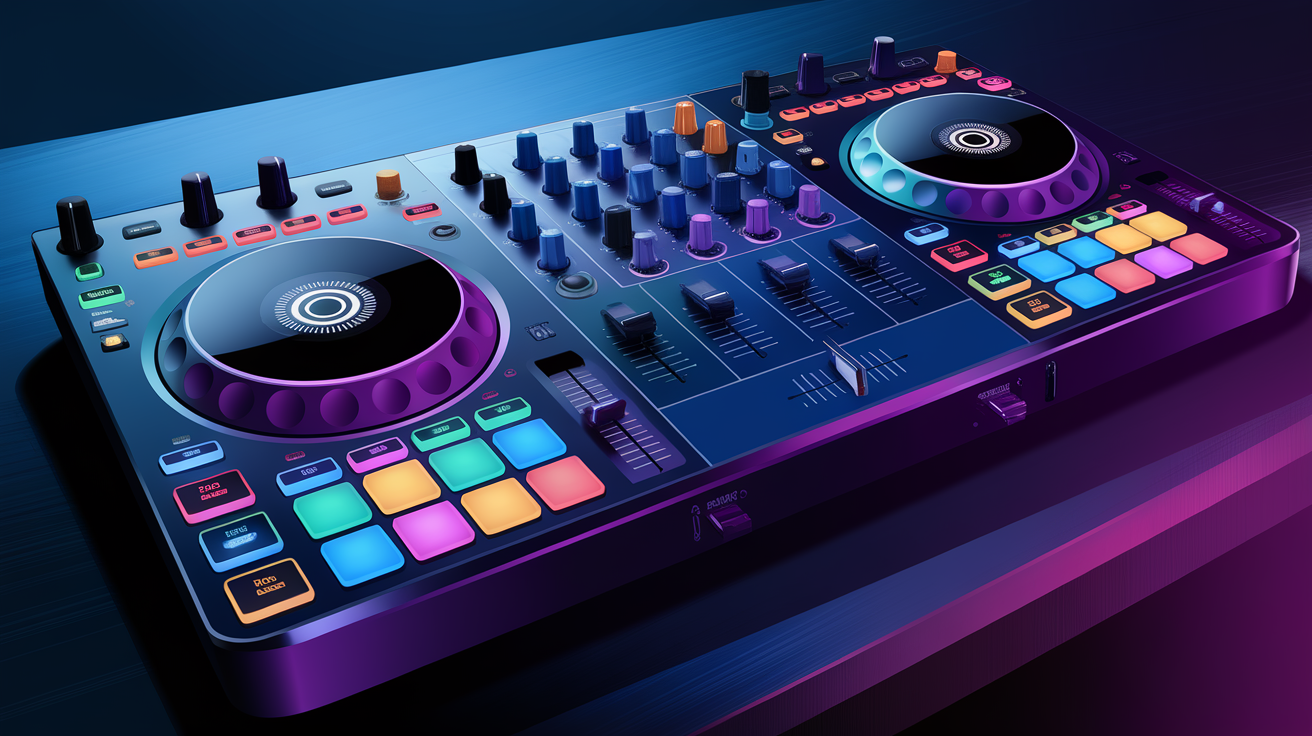 A colorful DJ controller with backlight, featuring various knobs and buttons.