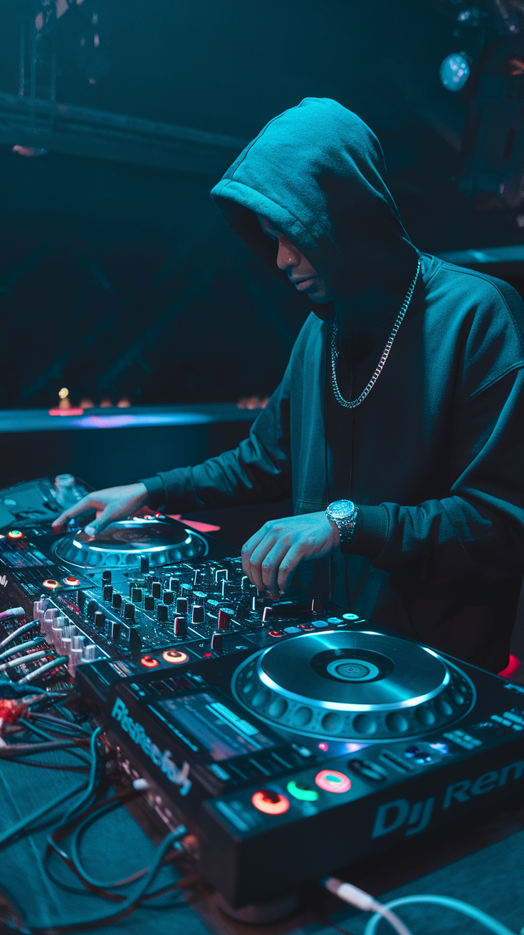 A DJ performing with a modern setup, surrounded by colorful lights.