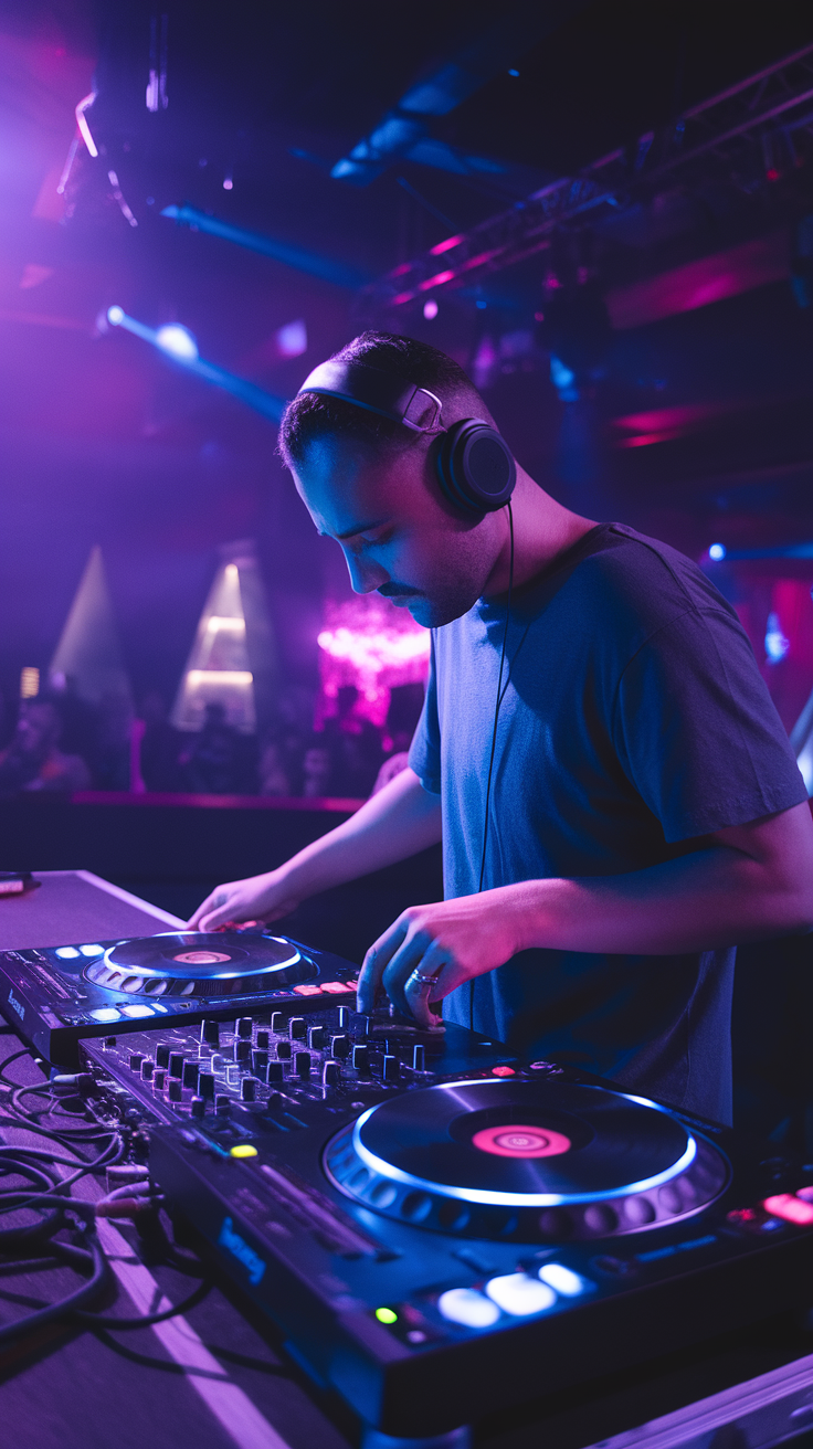 A DJ performing live with headphones on, engaged with the turntables in a vibrant setting.