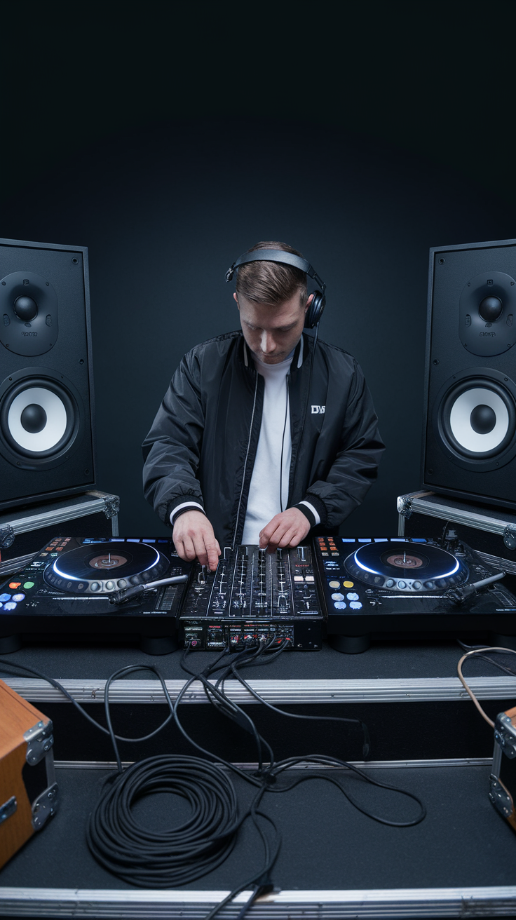 A DJ performing at a gig, focusing on the decks with speakers on either side.