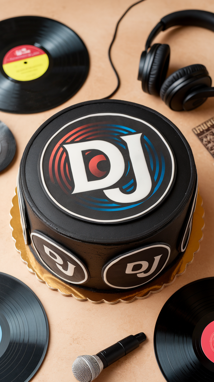 A DJ logo cake with a black fondant finish, featuring the DJ logo on top and smaller logos around the sides, surrounded by vinyl records and a microphone.