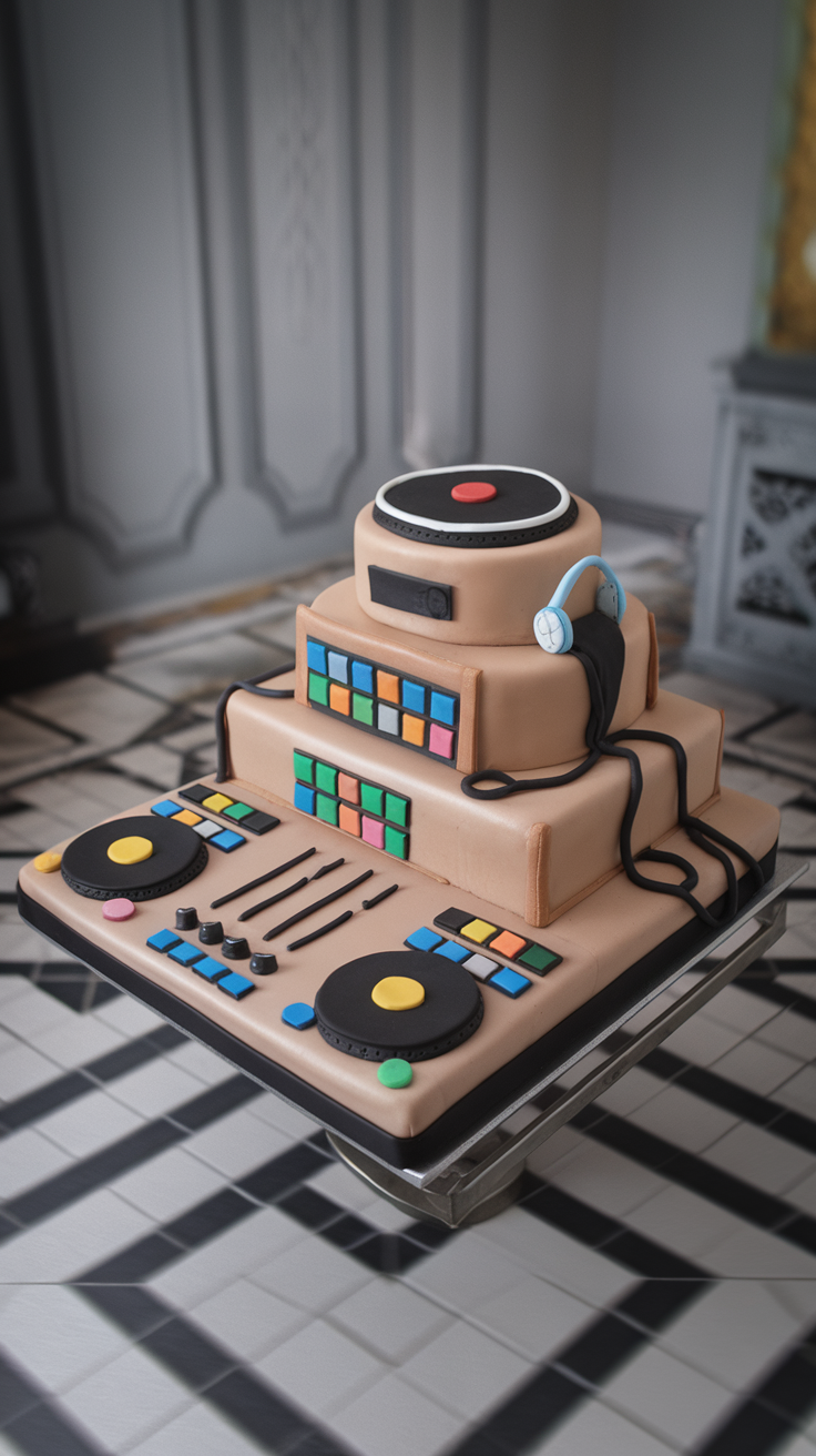 A DJ Mixes Cake designed to look like a DJ setup with turntables and colorful buttons.