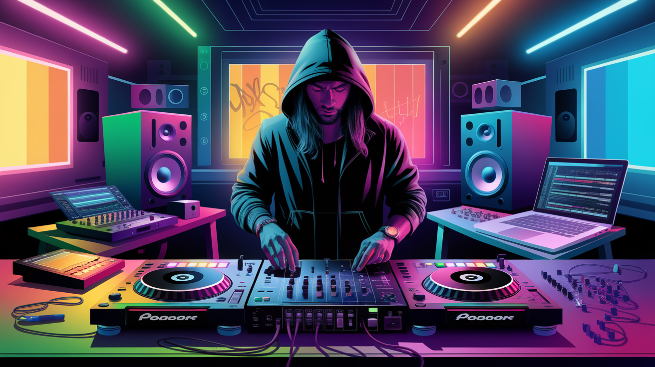 A DJ mixing tracks in a colorful, high-tech studio with various equipment.