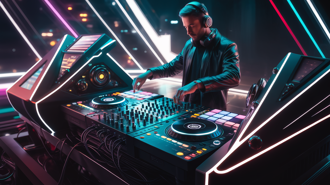 A DJ performing on a futuristic console with vibrant lights and a sleek design.