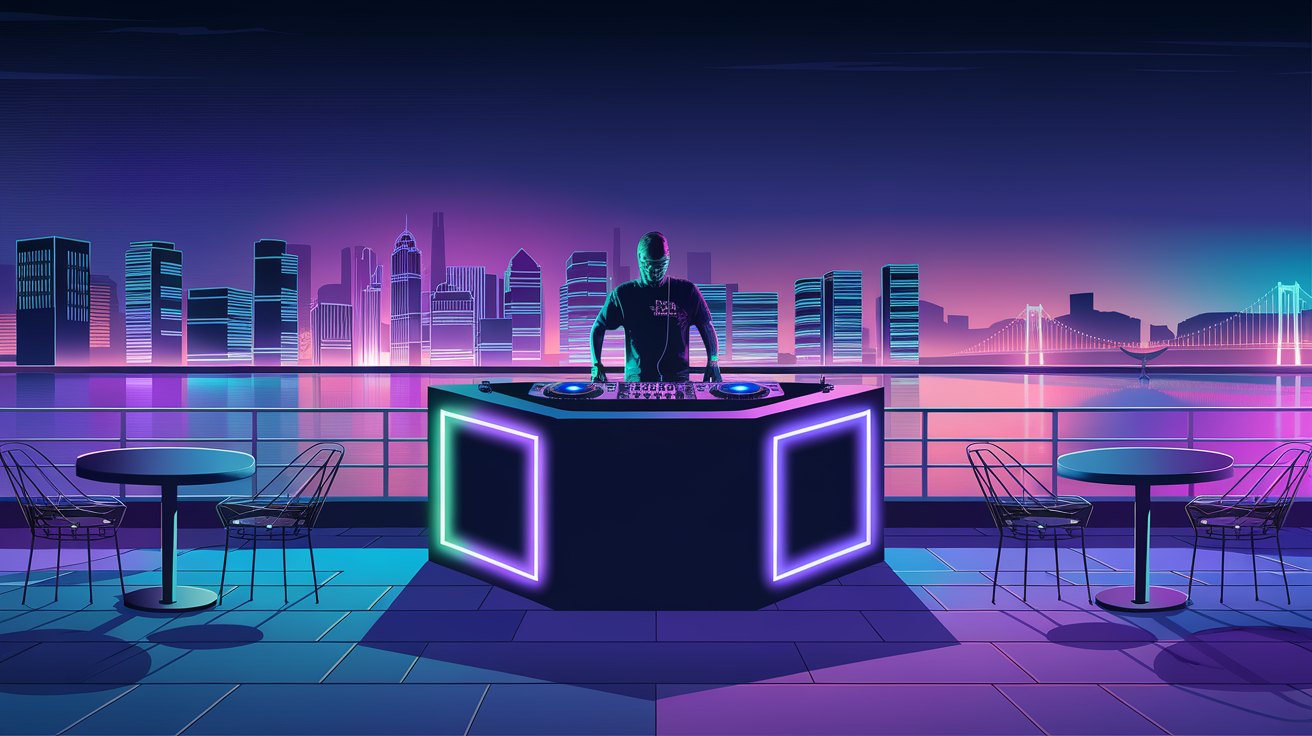 DJ performing at a rooftop bar with a city skyline in the background