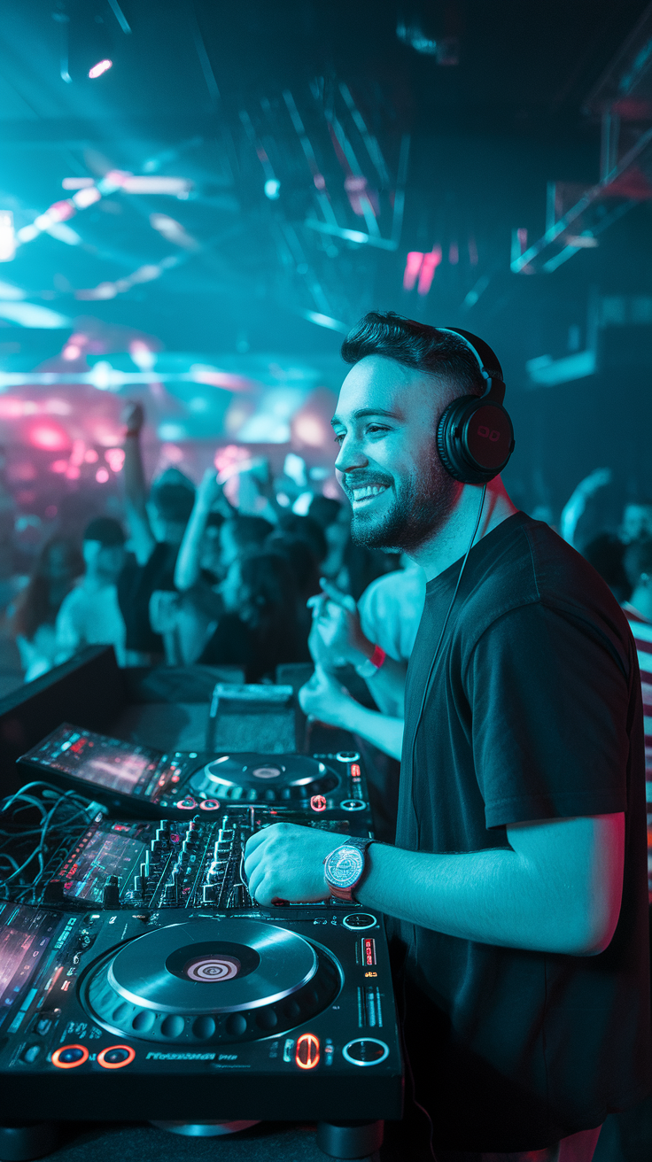 A smiling DJ performing in a lively atmosphere with bright lights.