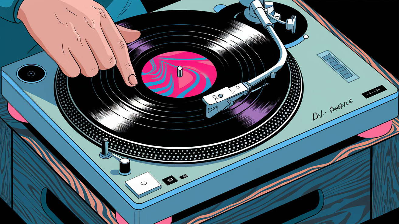 A close-up illustration of a DJ's hand adjusting a vinyl record on a turntable.