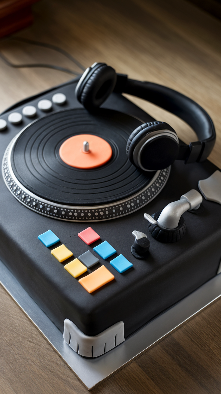 A detailed DJ turntable cake with a vinyl record and headphones, designed for music lovers.