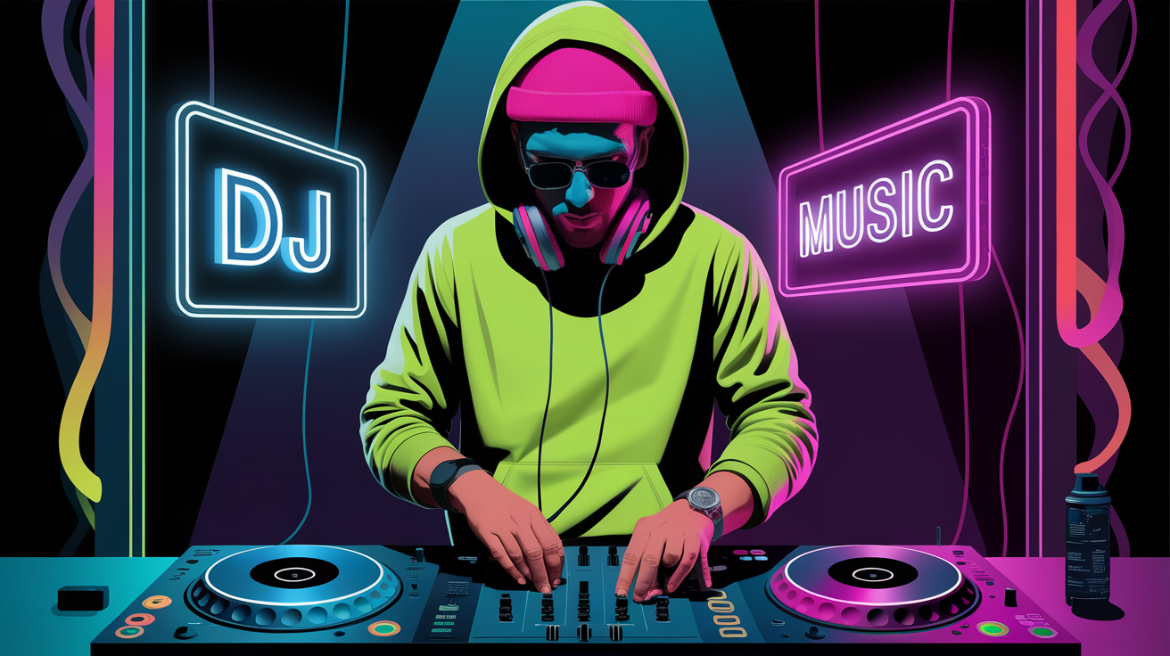 A DJ wearing headphones and mixing music with colorful neon signs.