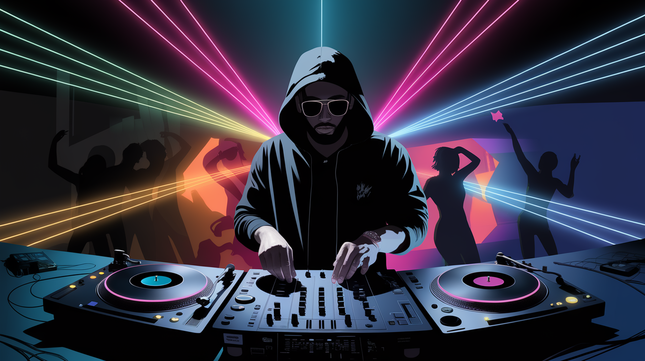 A DJ performing with colorful laser lights and dancing silhouettes in the background.