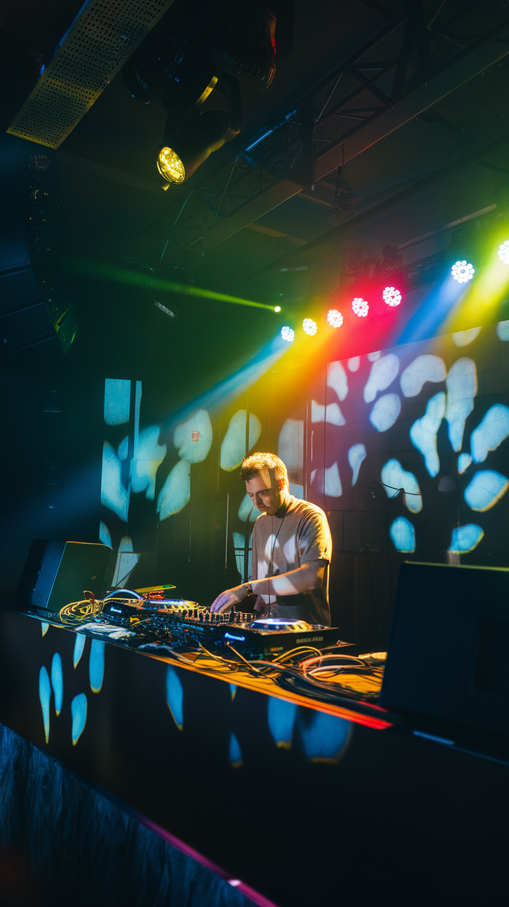 A DJ performing in a lively setting with colorful lights and equipment.