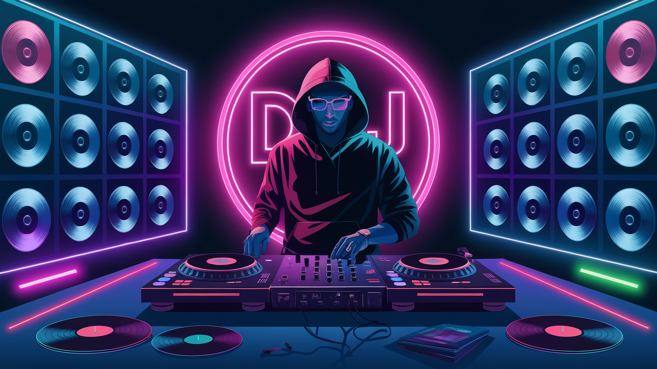 A DJ with vinyl records and a neon background, mixing music.