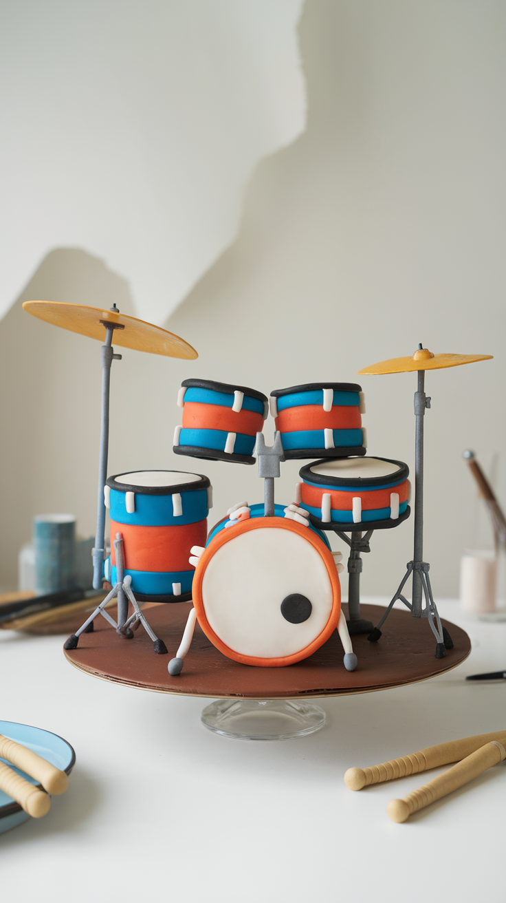 A colorful drum set cake designed with blue and orange colors, featuring realistic drum details and drumsticks on the side.