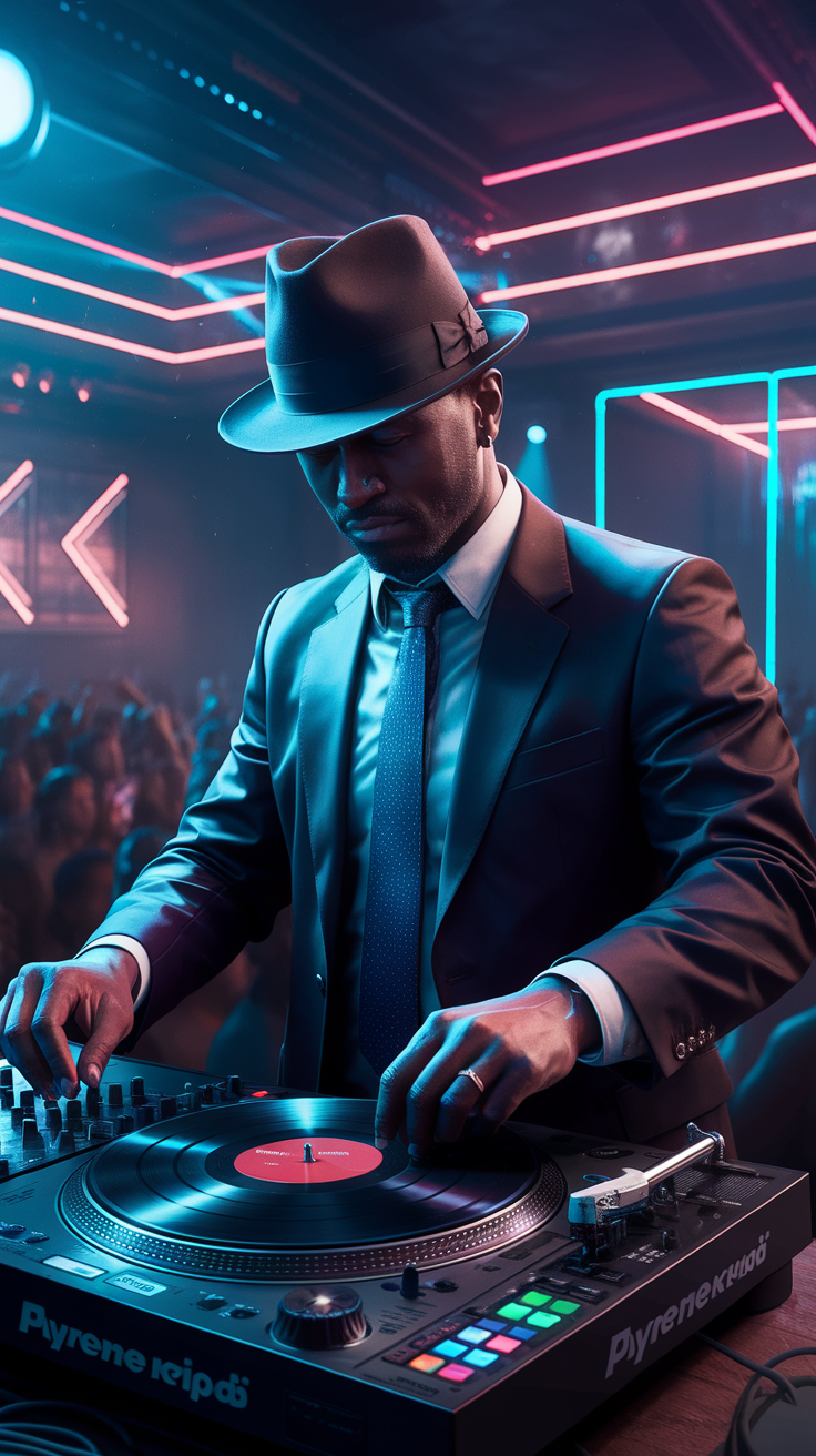 A stylish DJ wearing a hat and suit, mixing music on a turntable in a vibrant club setting.