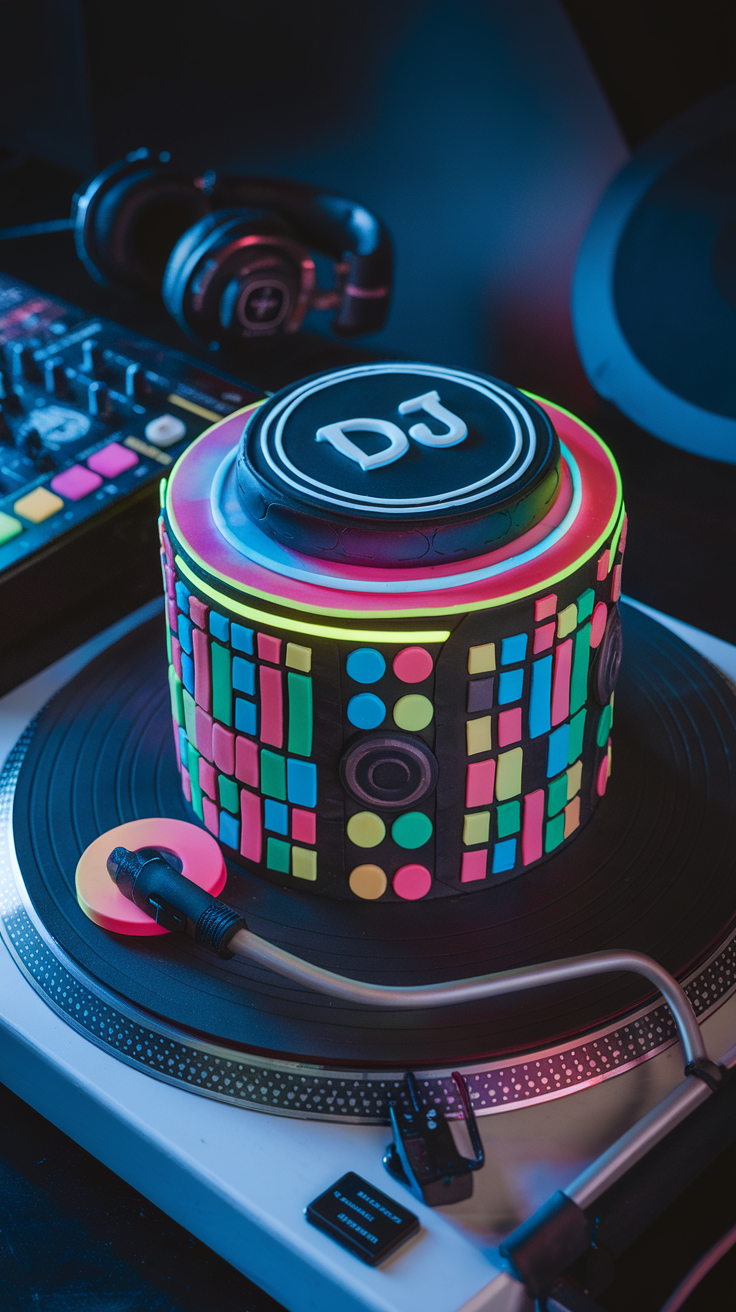 A colorful DJ turntable cake on a turntable, surrounded by DJ equipment