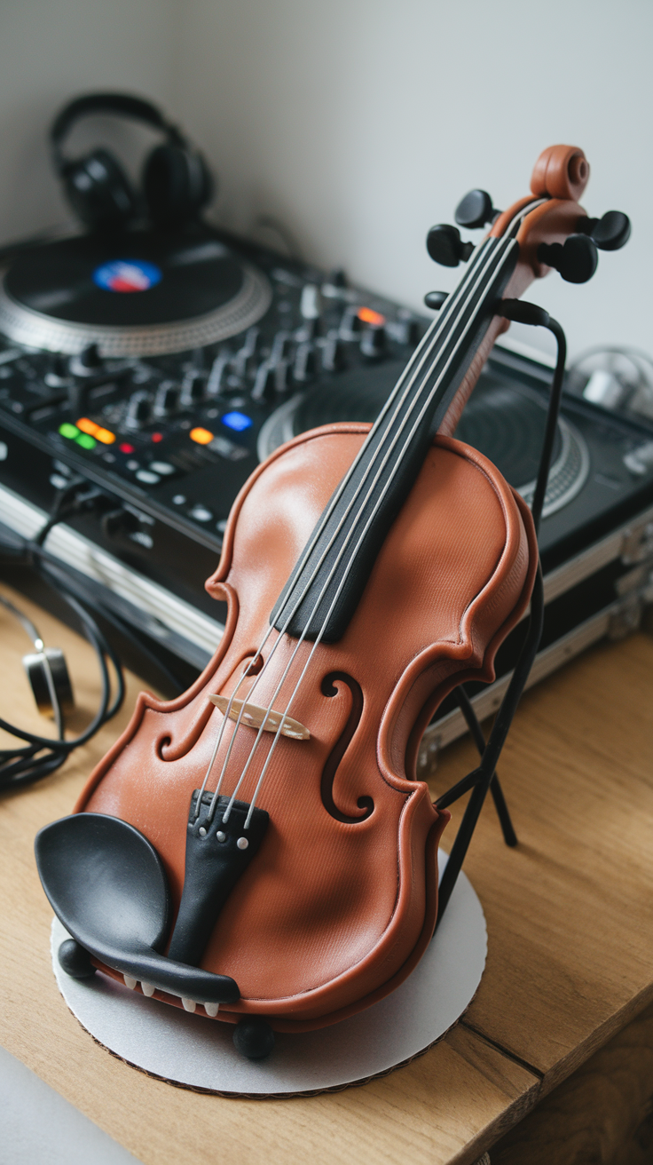 An Electric Violin Cake placed on a wooden table with DJ equipment in the background.