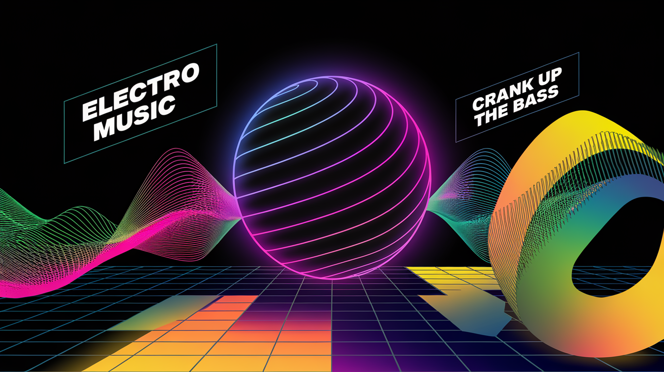 Colorful design representing electro music with waves and a sphere.