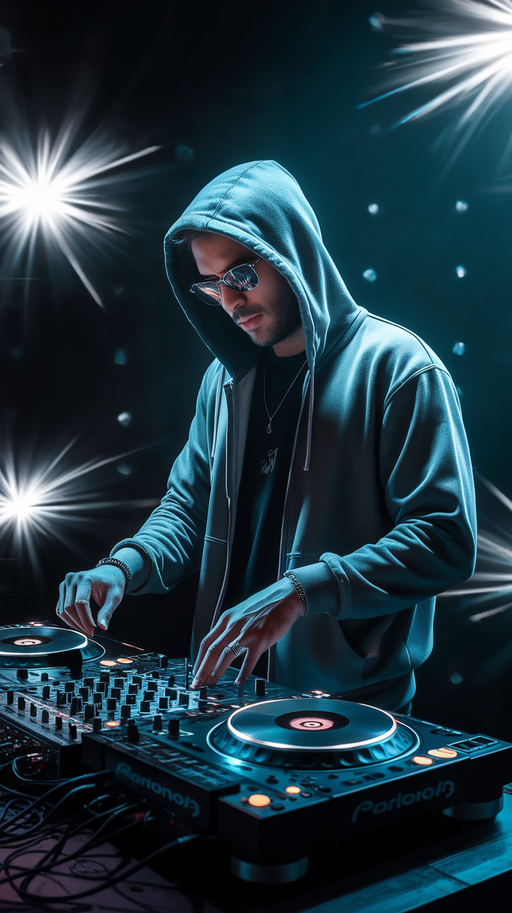 A DJ in a hoodie mixing tracks with stylish lighting in the background.