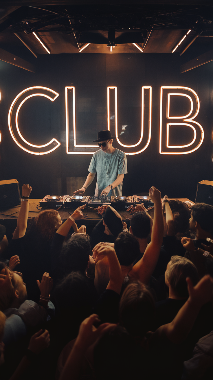 A DJ performing in a lively club, surrounded by an energetic crowd.