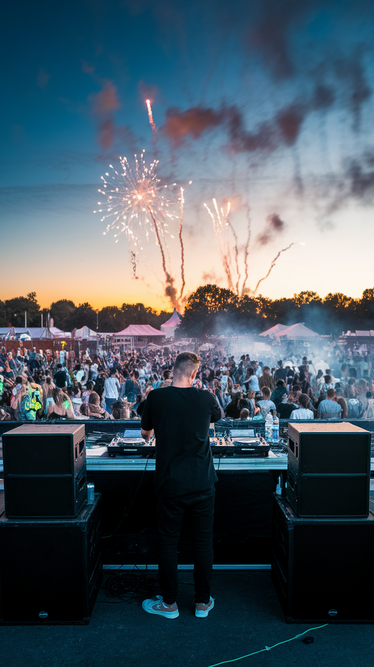 A DJ performing at a festival with fireworks in the background and a lively crowd.