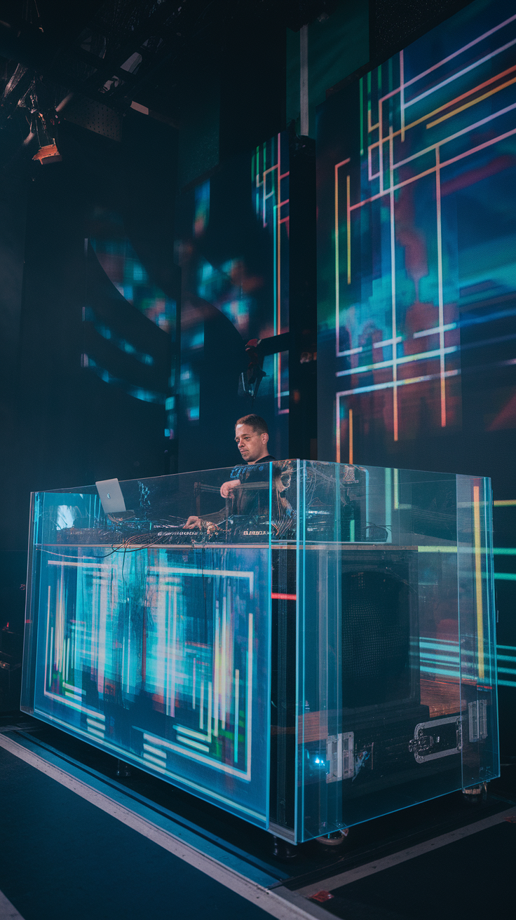 A DJ performing at a futuristic setup with colorful visual displays.