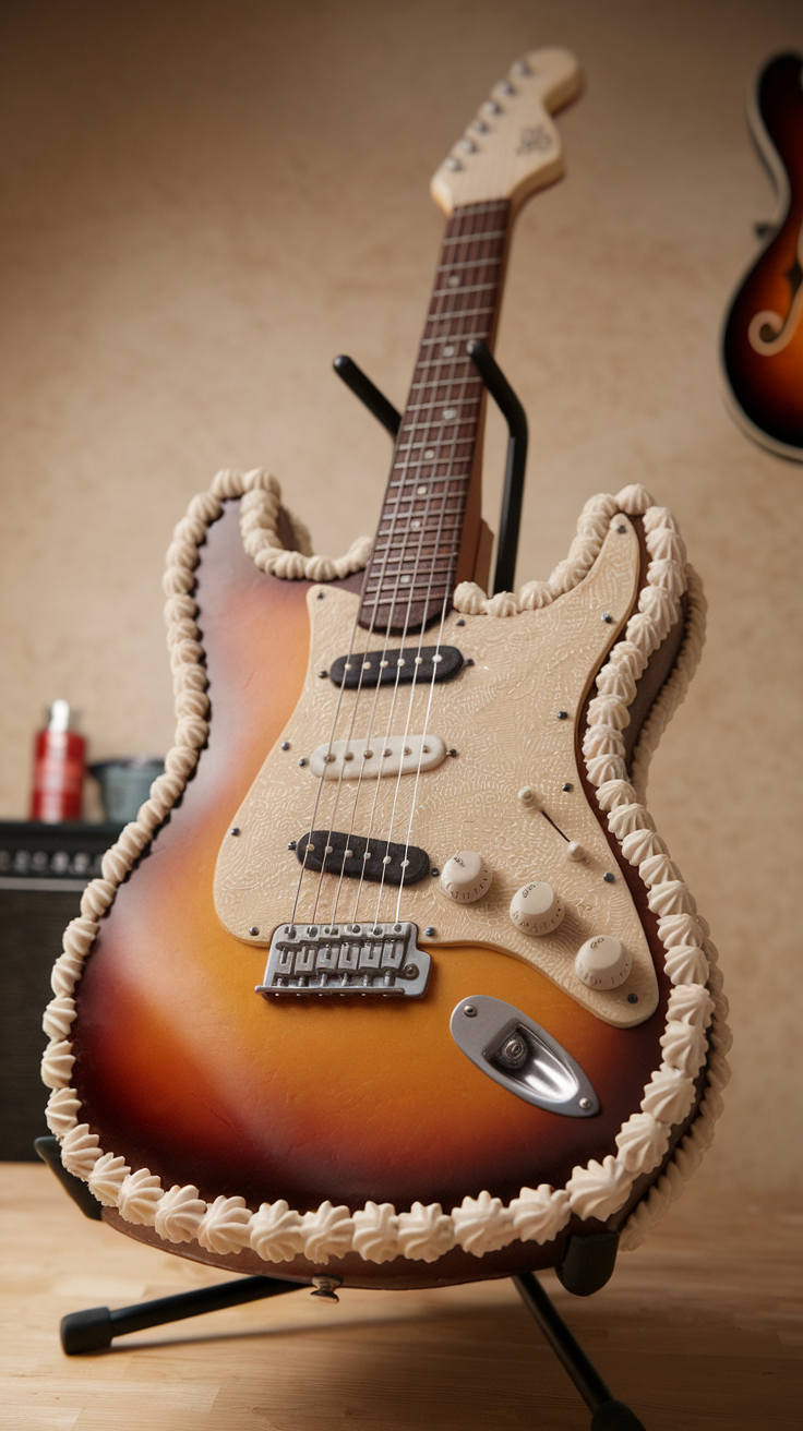 A beautifully crafted guitar cake resembling an electric guitar with intricate details.