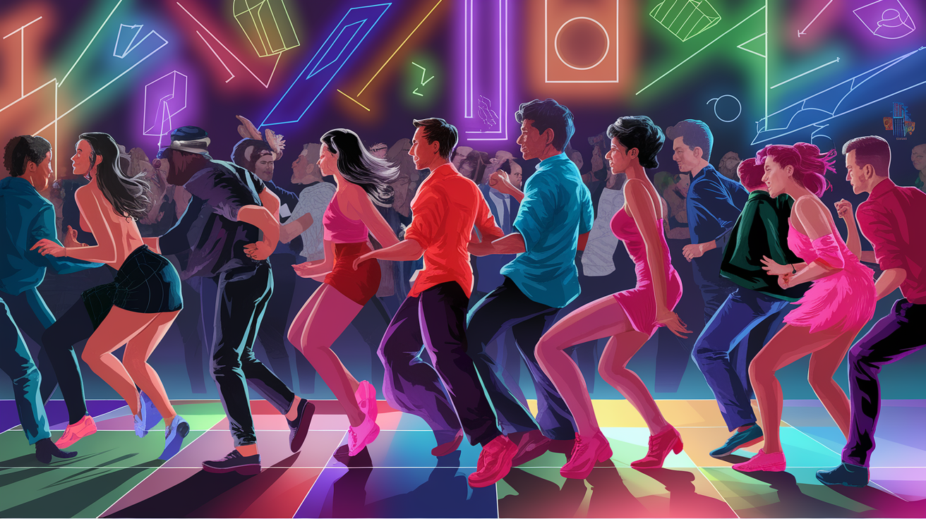 A vibrant dance floor scene with people dancing and neon lights in the background.