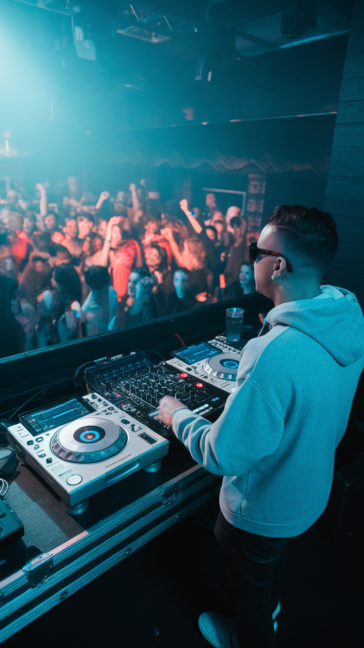 A DJ performing in front of a lively crowd, showcasing the energy of house music.